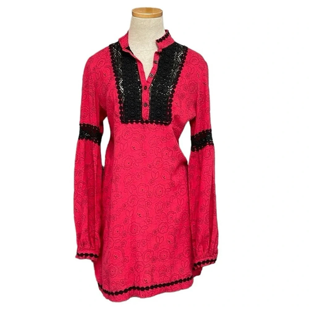 Free People Dress Women's 2 Pink Black Lace Long Sleeve Mini Buttons